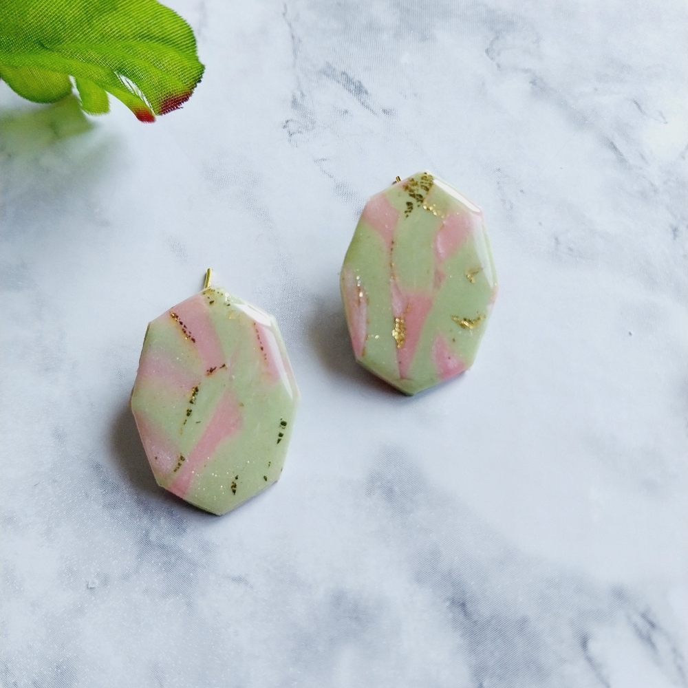 OpalGlaze Clay Pastel Green Pink Golden  Stud Earrings